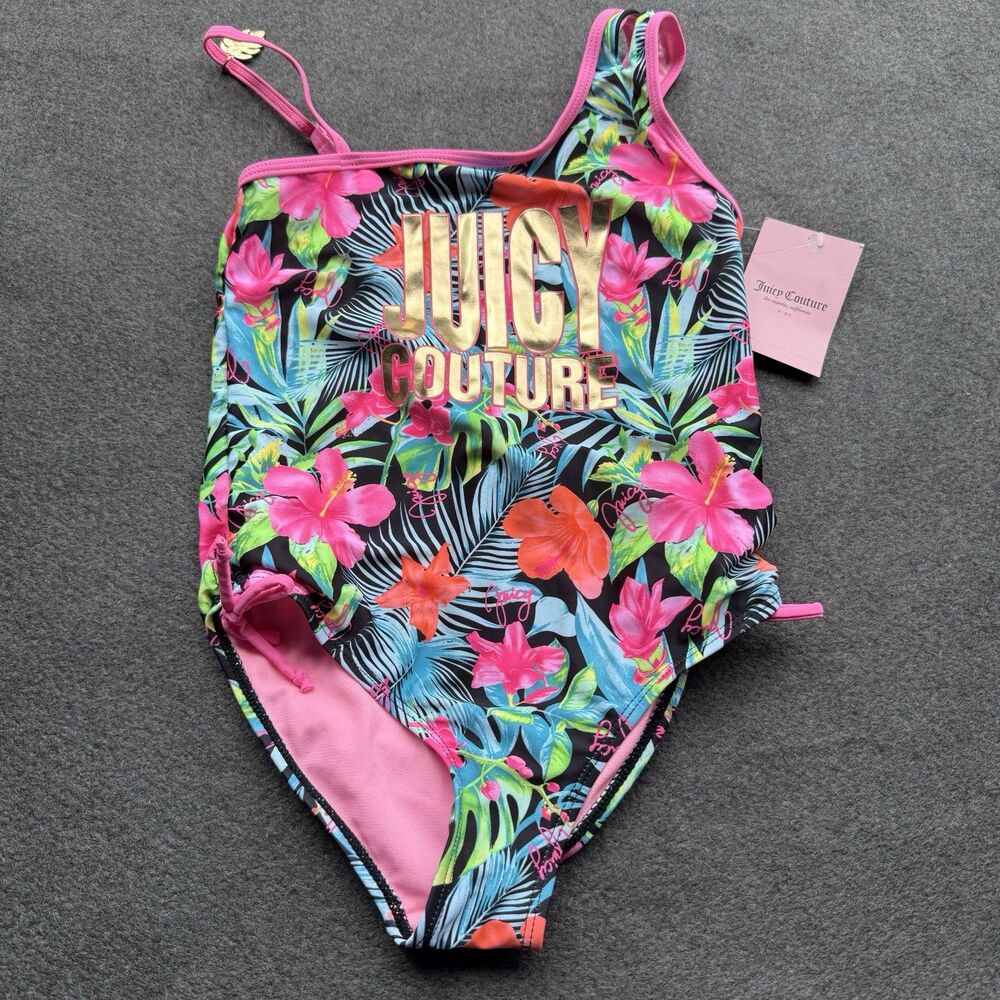juicy couture Girls Swimsuit Size 10 Tropical Hawaiian Black Charm Gold New A12